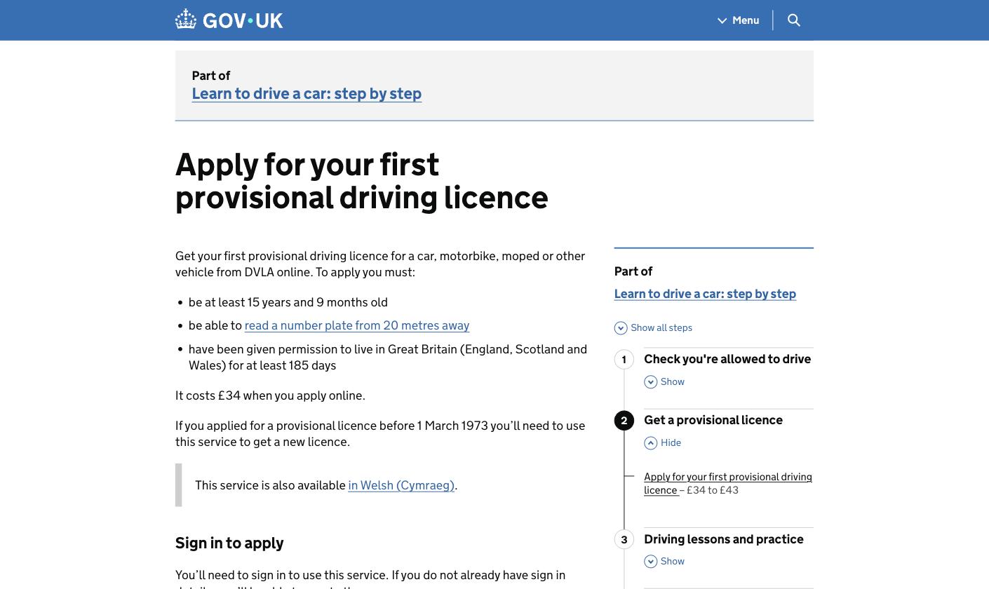 The GOV.UK service page for applying for a first provisional driving licence: plain typography, a task-focused heading, eligibility bullet points, and a numbered step-by-step sidebar.